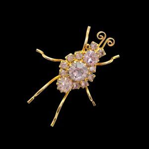 Vtg 1960s Beetle Bug Brooch Pink Lavender Rhinestone Gold Tone Setting